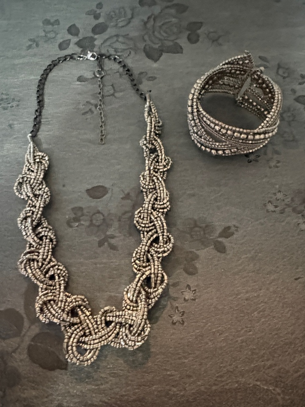 METALLIC SILVER WOVEN KNOTTED BEADED STYLE NECKLACE AND OPEN CUFF BRACELET SET